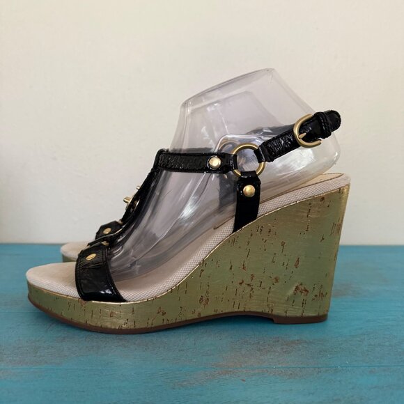 COACH Mercy Crinkle Patent Leather Wedge Sandals Sz 9 - Picture 5 of 13
